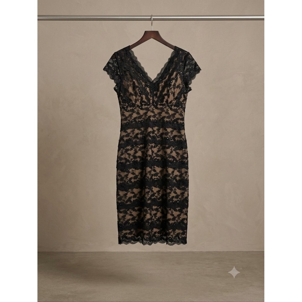 Laura Womens Black Lace Sequin V-Neck Cocktail Sheath Dress Size 10